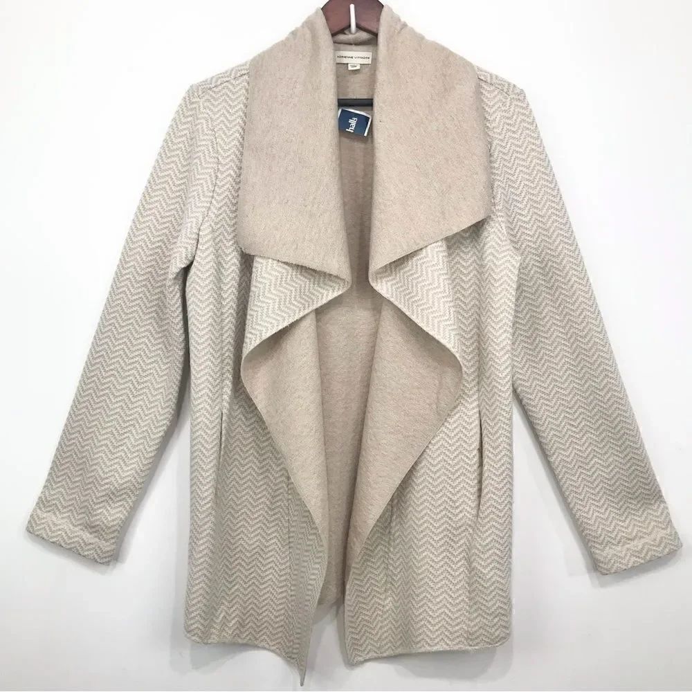 Adrienne Vittadini Tan Cream Herringbone Knit Open Front Long Cardigan Sweater
